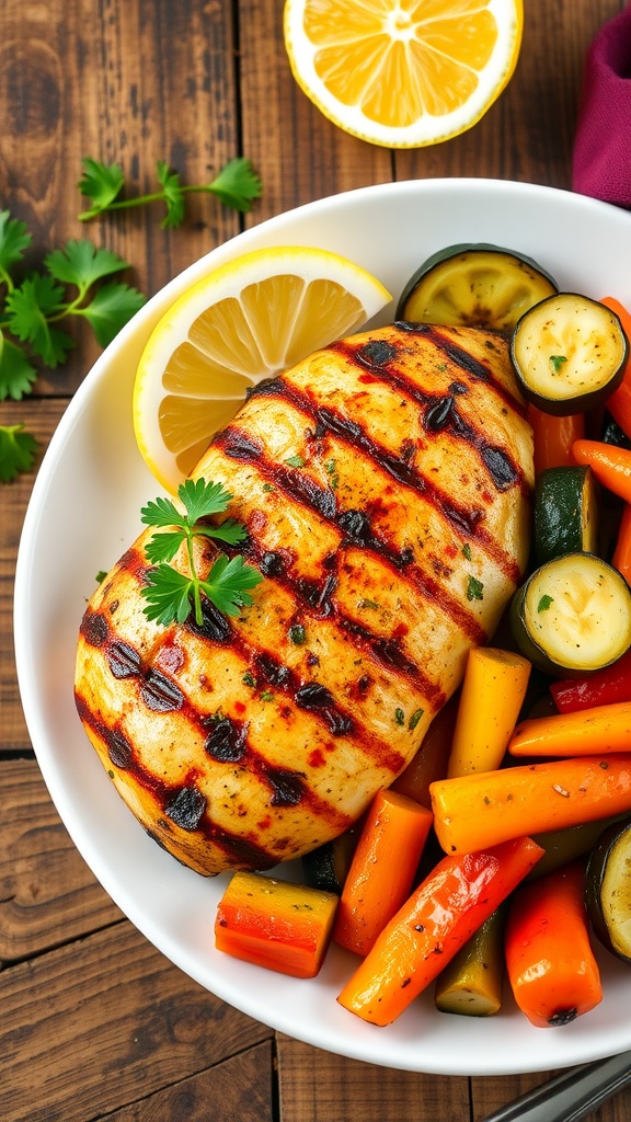 Light and Flavorful Grilled Lemon Herb Chicken Dinner Grilled lemon herb chicken served with roasted vegetables on a white plate.